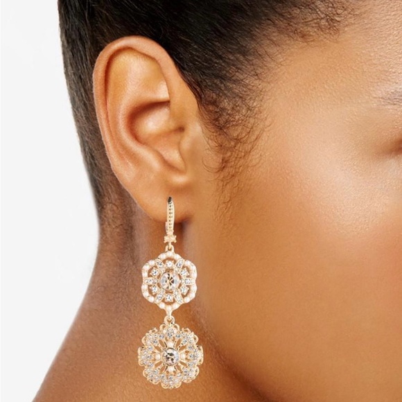 Marchesa Gold-Tone Crystal & Imitation Pearl Flower Double Drop Earrings - Picture 3 of 13